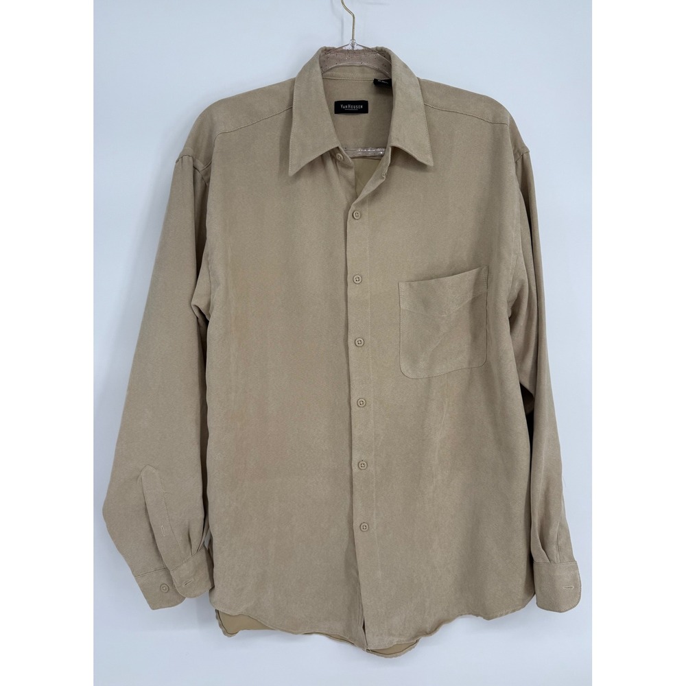 Van Heusen Mens Tan Soft Suede Button Down Shirt Long Sleeve Sz M 15-15.5